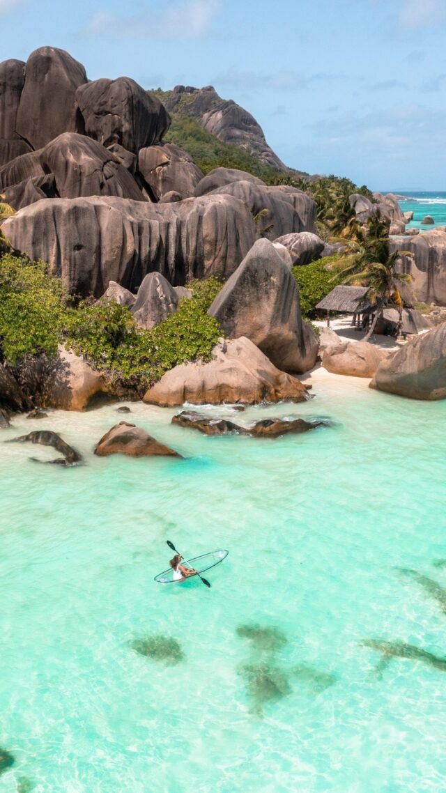 This may contain: a man riding a surfboard in the ocean next to some rocks and water with green plants