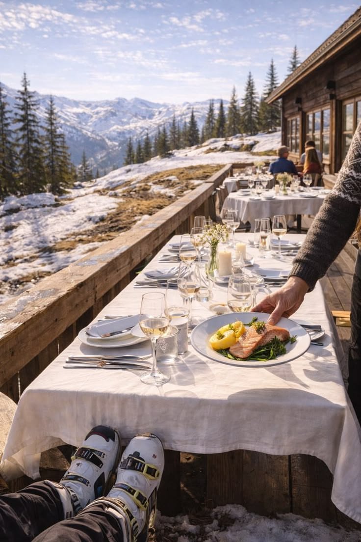 This contains: Luxury alpine terrace dining with elegant table setting and mountain view for resort hospitality branding