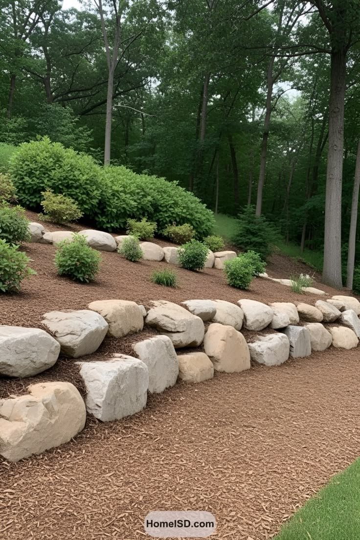 This may contain: a stone wall in the middle of a park