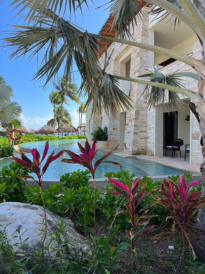This may contain: an outdoor swimming pool surrounded by palm trees and flowers in front of a large house