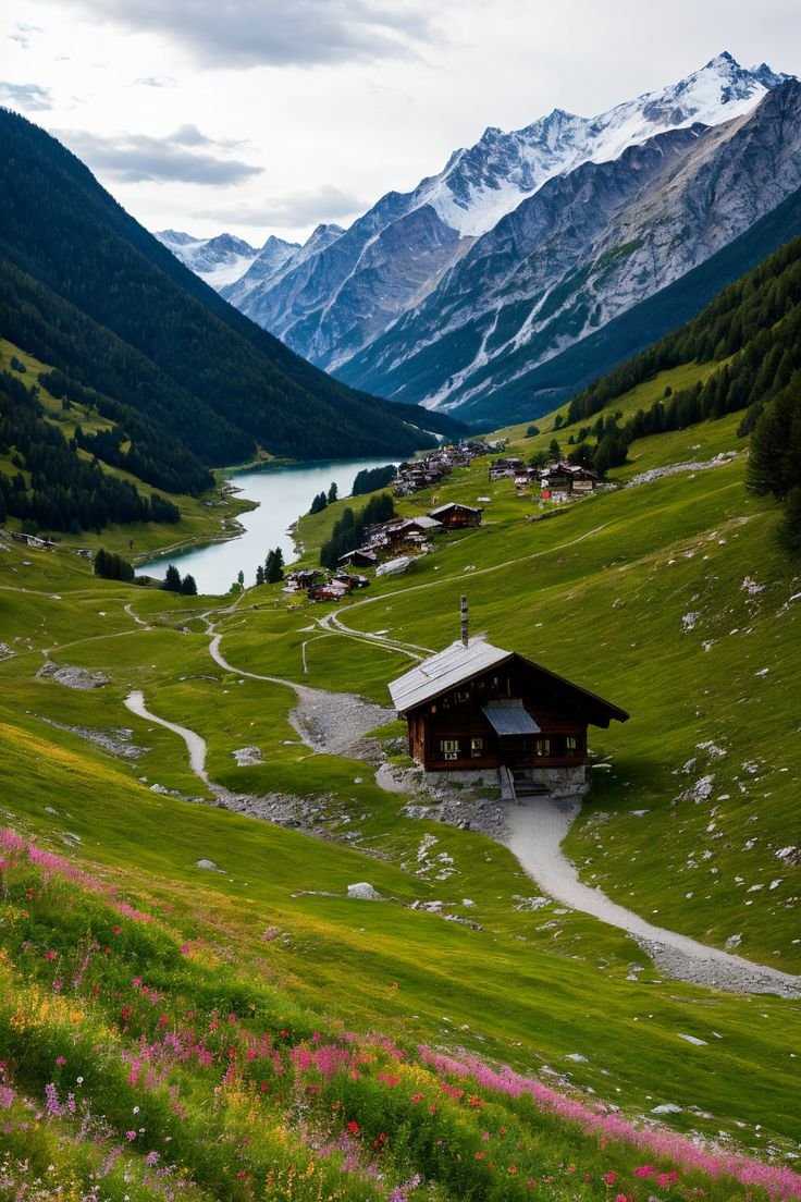This contains: Simple solutions for wanderlust: Discover the breathtaking Engadin Valley! This panorama features hikers, birds, a waterfall, and charming Swiss chalets. Escape to the beauty of the Alps!