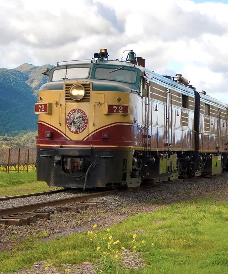 This may contain: a train traveling down tracks next to a lush green field