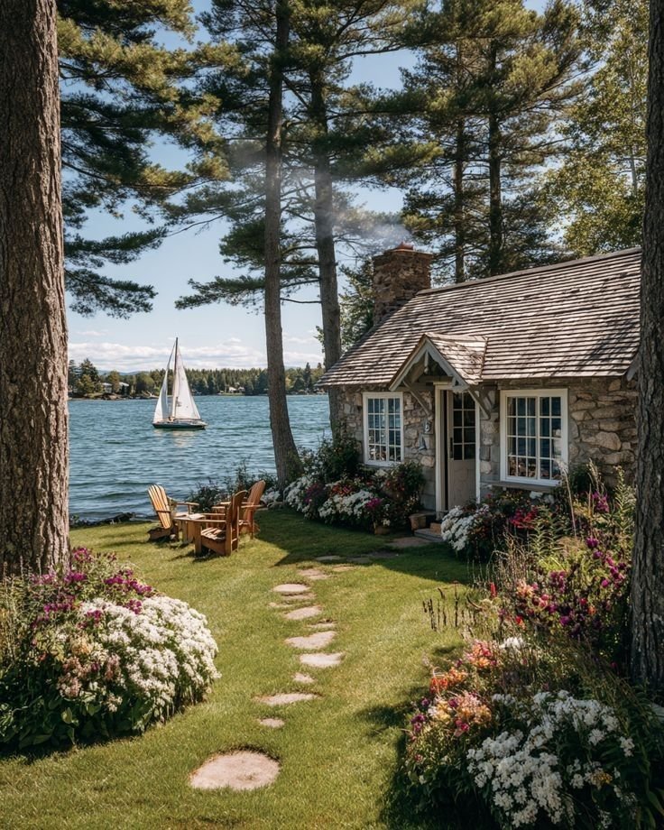 This may contain: a small house sitting on top of a lush green field next to a lake with a sailboat in the distance