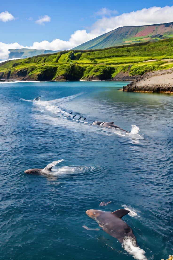 This contains: Discover the Azores marine sanctuary: Volcanic calderas, crystal lakes, historic whaling villages, and majestic sperm whales. The dramatic landscape includes a prominent caldera, summit, and mesa. An Atlantic wonder!