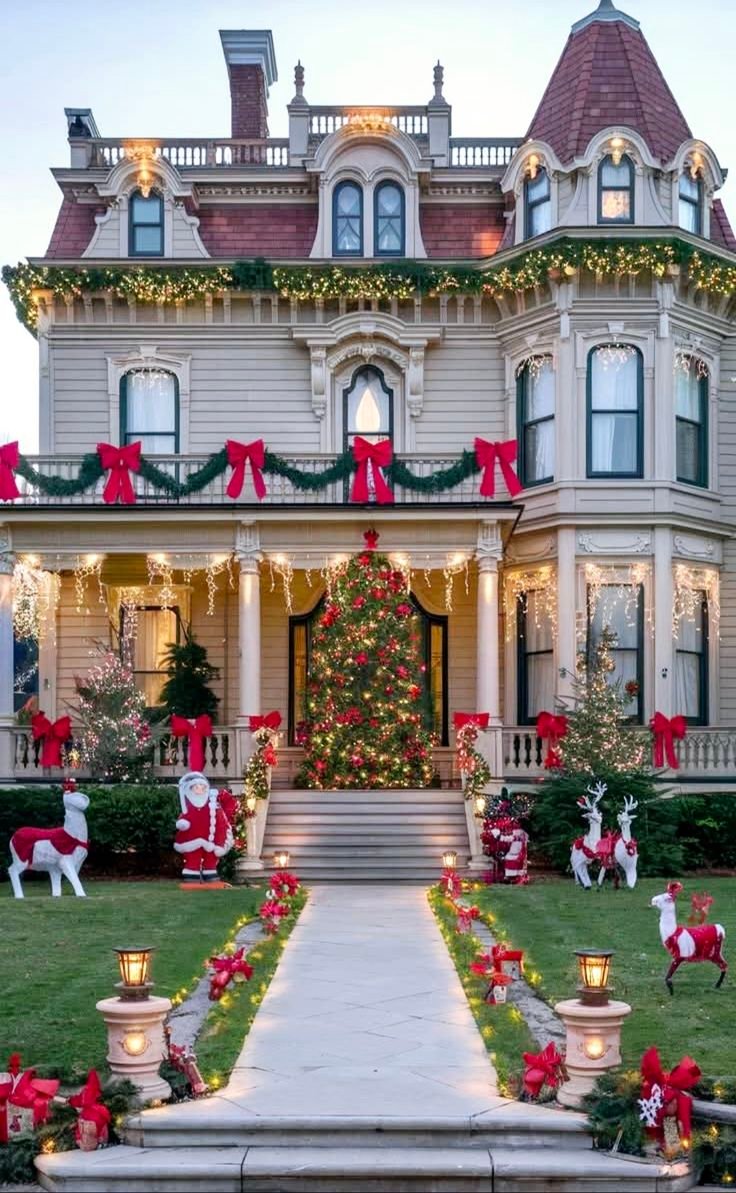This may contain: a large house decorated for christmas with lights and decorations