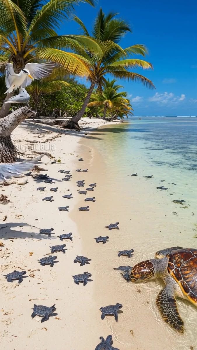 This may contain: sea turtle hatched up to the ocean on a tropical beach