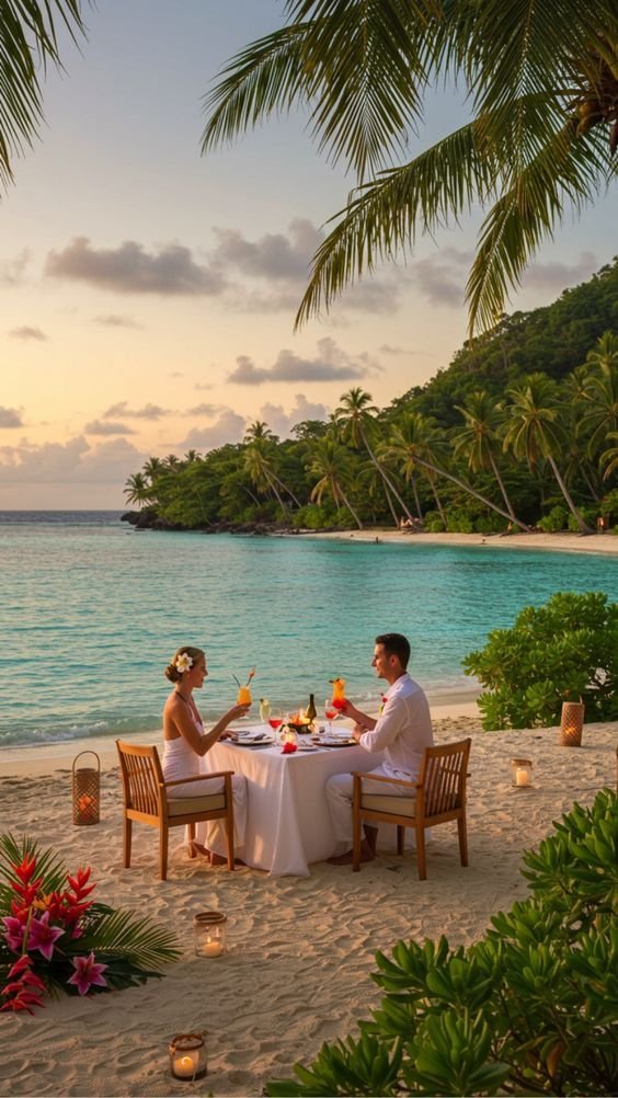 This may contain: two people sitting at a table on the beach with drinks in front of them and palm trees