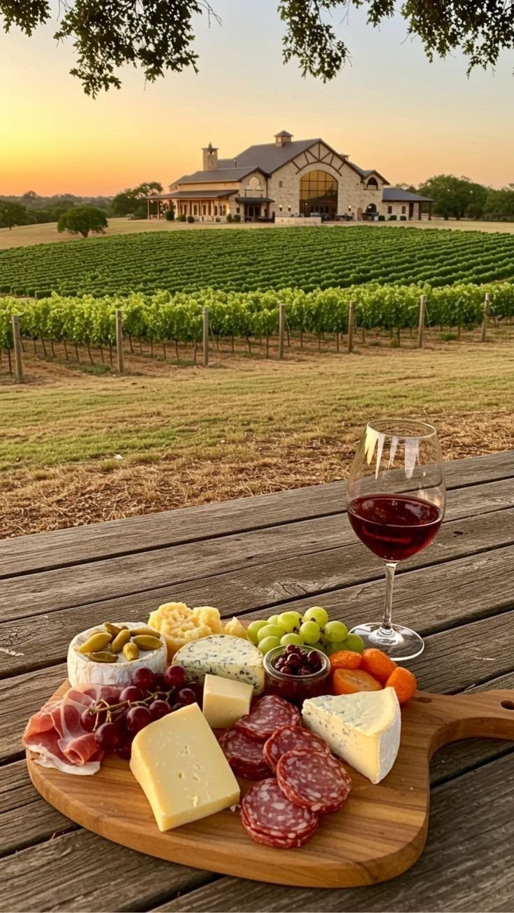 This may contain: a wooden table topped with cheese and meats next to a glass of red wine