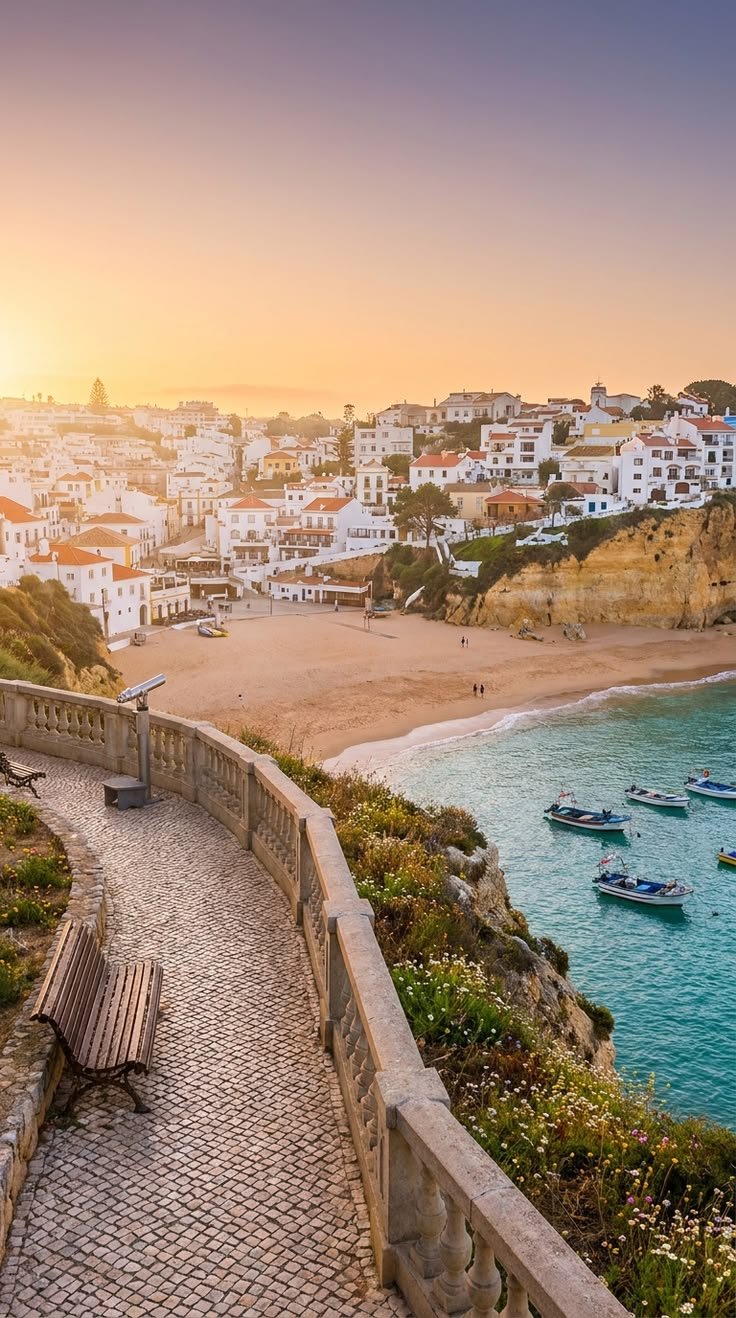 This may contain: a bench sitting on top of a stone walkway next to the ocean with boats in the water