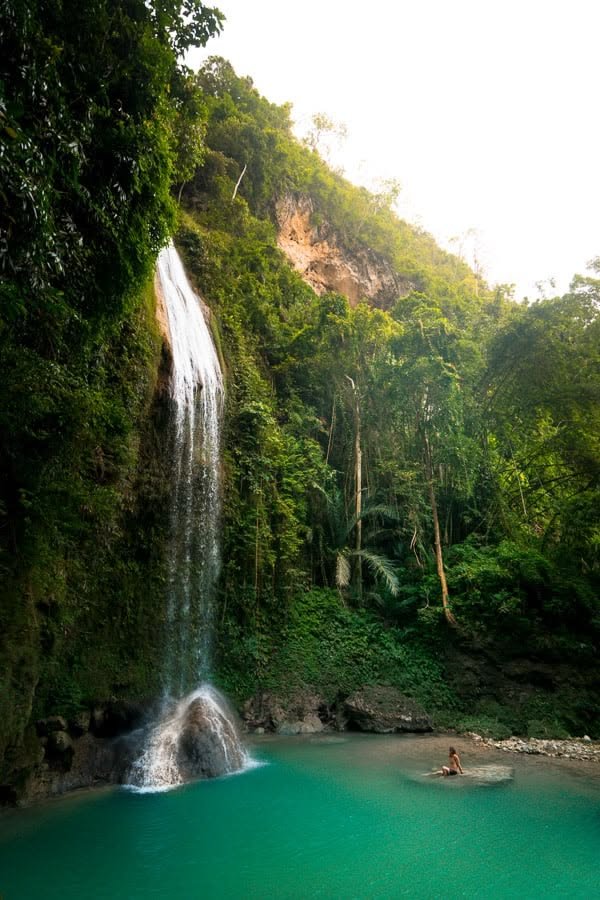 This may contain: a large waterfall in the middle of a forest filled with green trees and people swimming