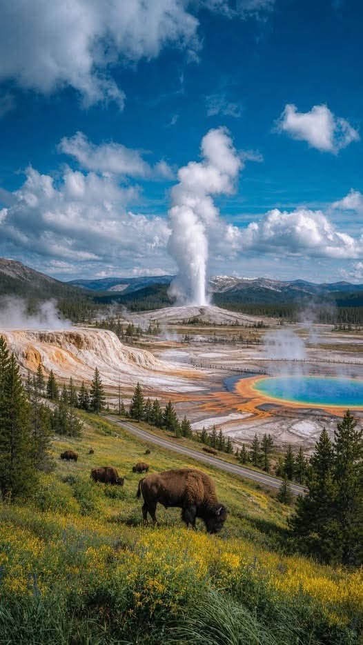 This may contain: bison grazing in the grass near a geyser with yellow flowers and green trees