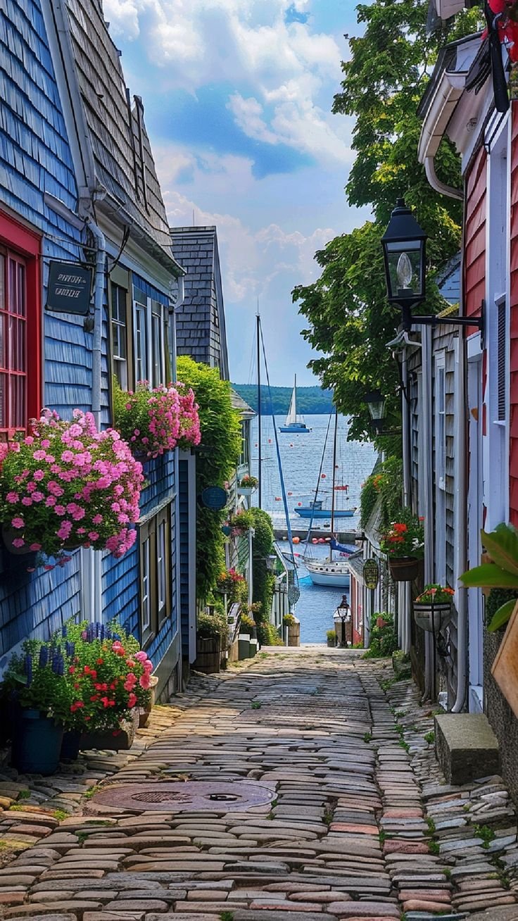 This contains: Charming cobblestone street in a historic coastal town with colorful houses and blooming flowers leading to a picturesque harbor with sailboats, highlighting the beauty of East Coast travel destinations.