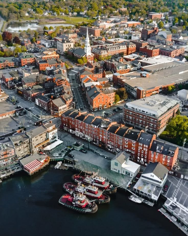 This may contain: an aerial view of boats docked in the water next to some buildings and other large buildings