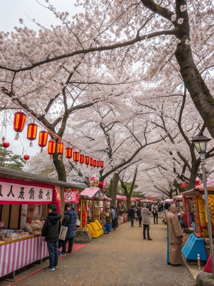 This may contain: many people are walking around in front of some cherry trees with red lanterns hanging above them