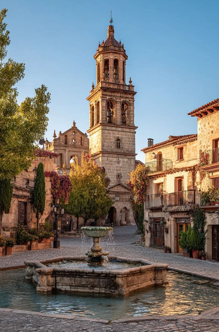 This may contain: an old town square with a fountain and church tower in the background at sunset or dawn