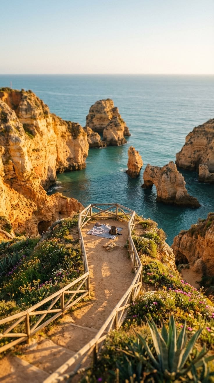 This may contain: a wooden walkway leading to the beach next to some rocks and water with plants growing on it