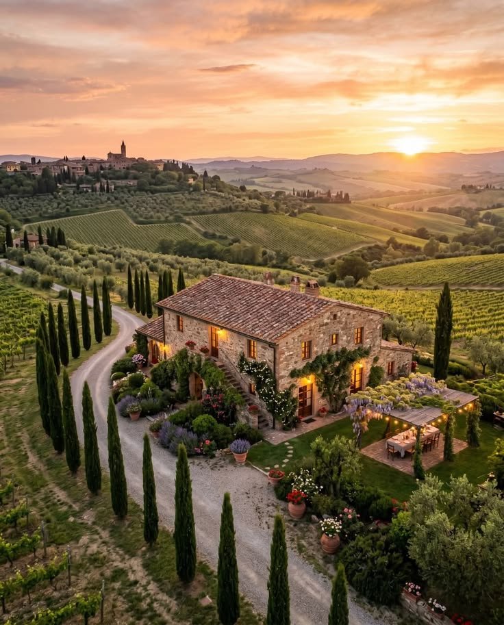 This may contain: an aerial view of a country house surrounded by trees and greenery at sunset with the sun setting in the distance