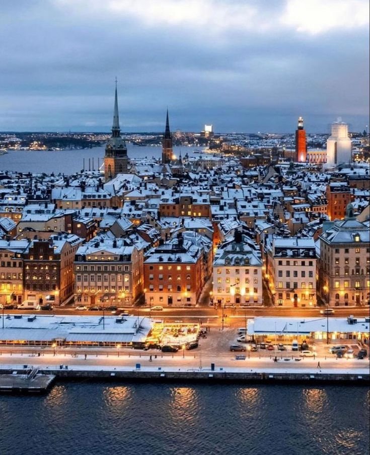 This may contain: an aerial view of a city at night with snow on the rooftops and buildings