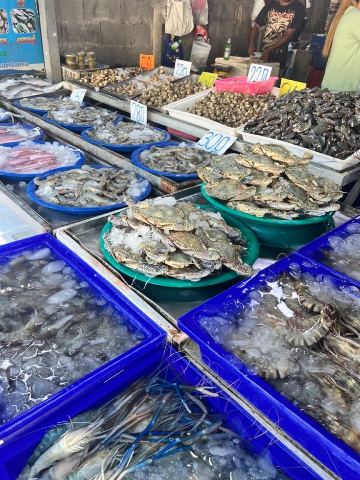 This may contain: many different types of seafood are on display
