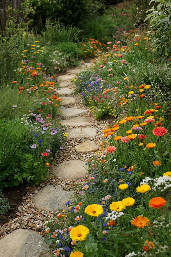 This may contain: a stone path surrounded by colorful flowers and greenery