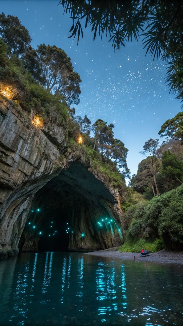 This may contain: people are standing in the water near a cave under a night sky filled with stars