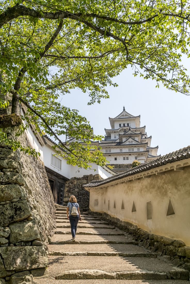 This may contain: a woman is walking down some steps in front of a building with a pagoda on top
