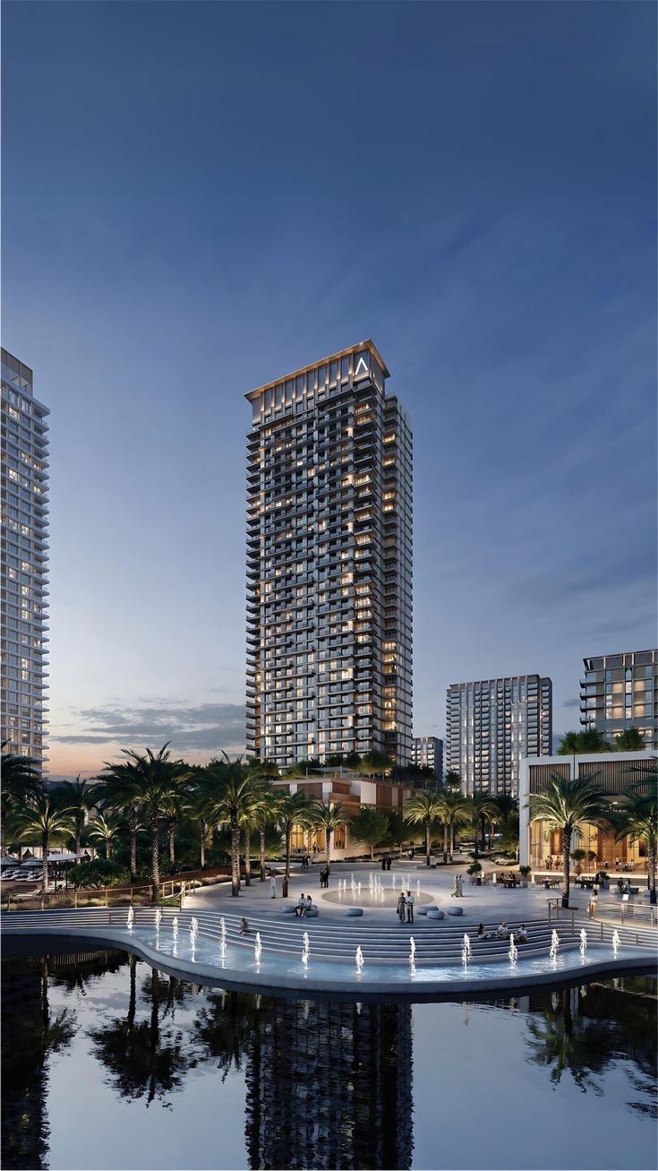 This may contain: the water features fountains and palm trees in front of tall buildings