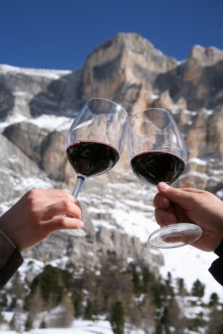 This may contain: two people toasting wine glasses in front of a snowy mountain range with snow on the ground