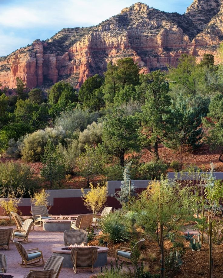 This may contain: an outdoor seating area surrounded by trees and mountains in the background, with several lounge chairs around it