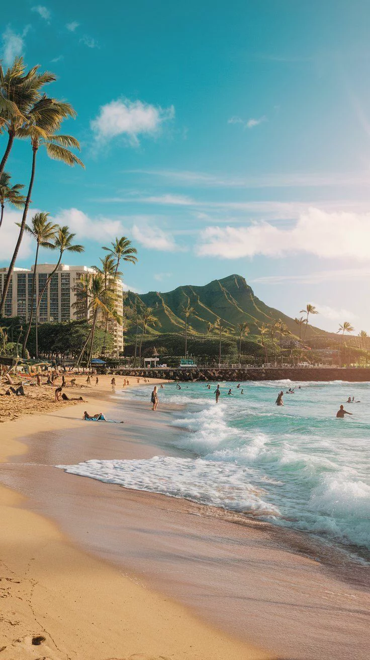 This may contain: many people are swimming in the ocean on a sunny day at waiki'i beach