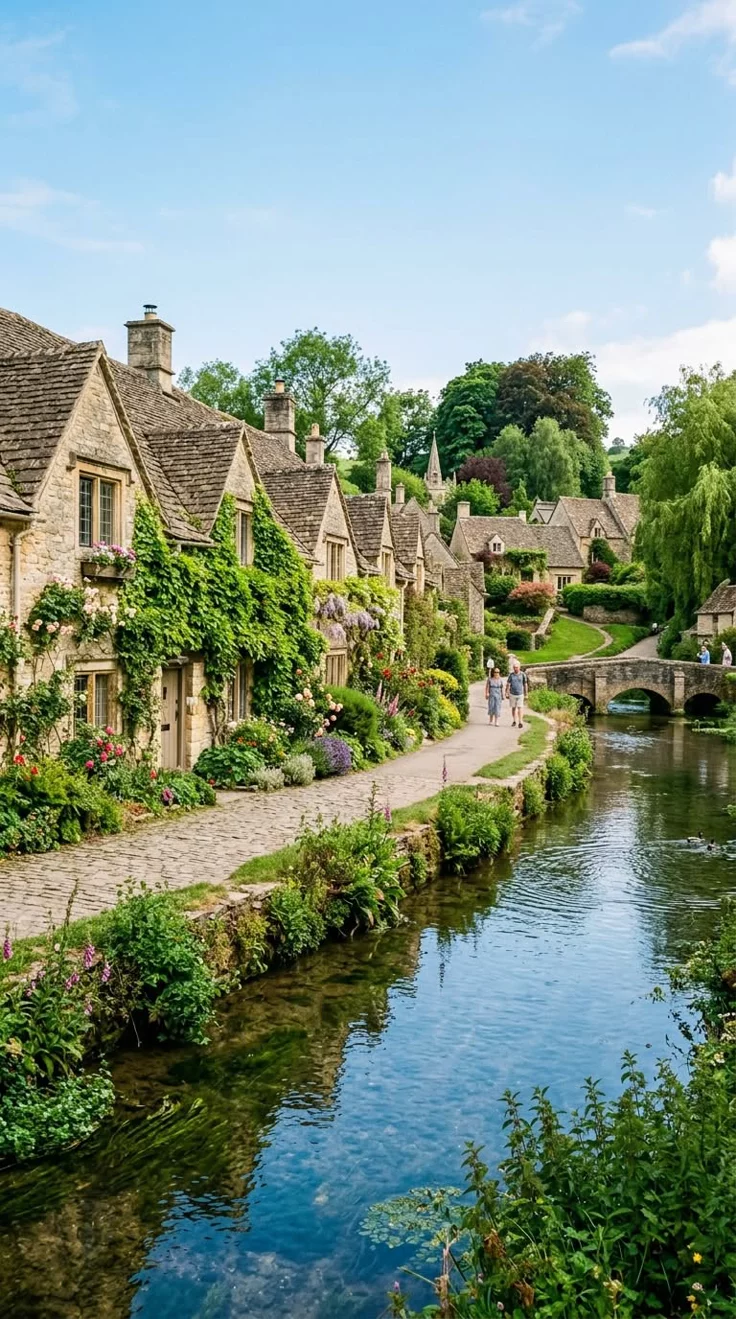 This may contain: a river running through a lush green forest filled with trees and flowers next to houses