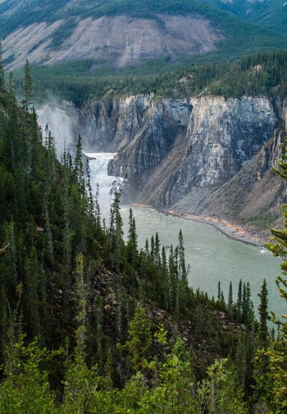 This may contain: a river flowing through a lush green forest filled with lots of tall mountains and trees