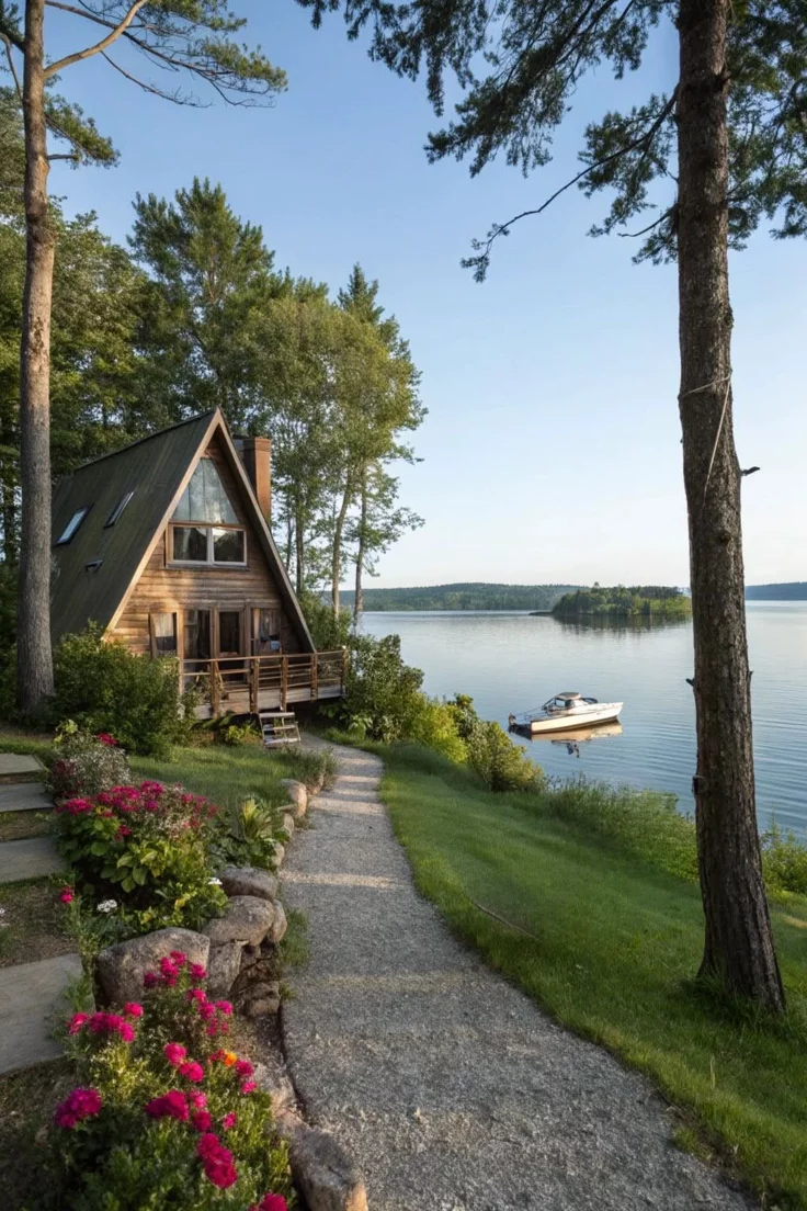 This may contain: a boat is docked in the water next to a house with steps leading up to it