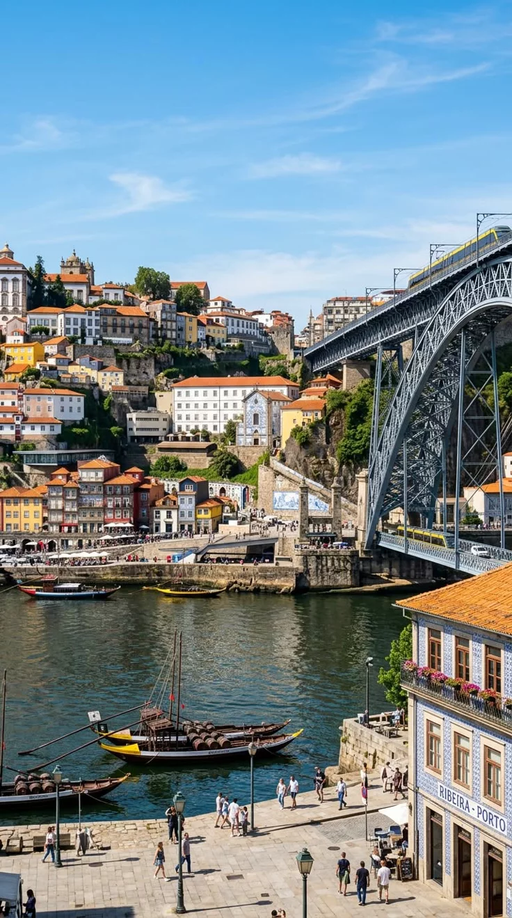 This may contain: a bridge spanning over a river with boats on it and people walking along the side