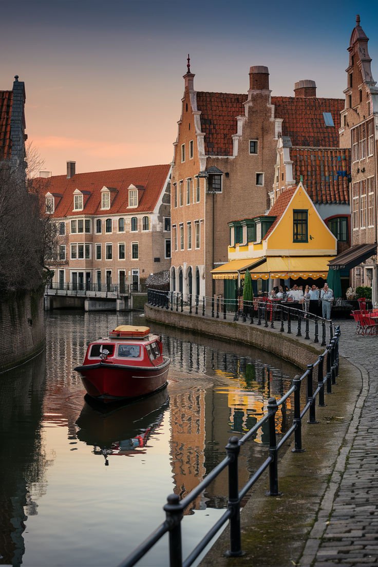 This may contain: a red boat floating on top of a river next to tall buildings