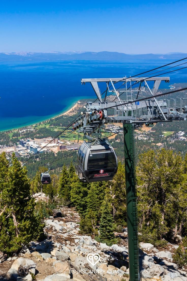 This may contain: a cable car going up the side of a mountain with trees and water in the background