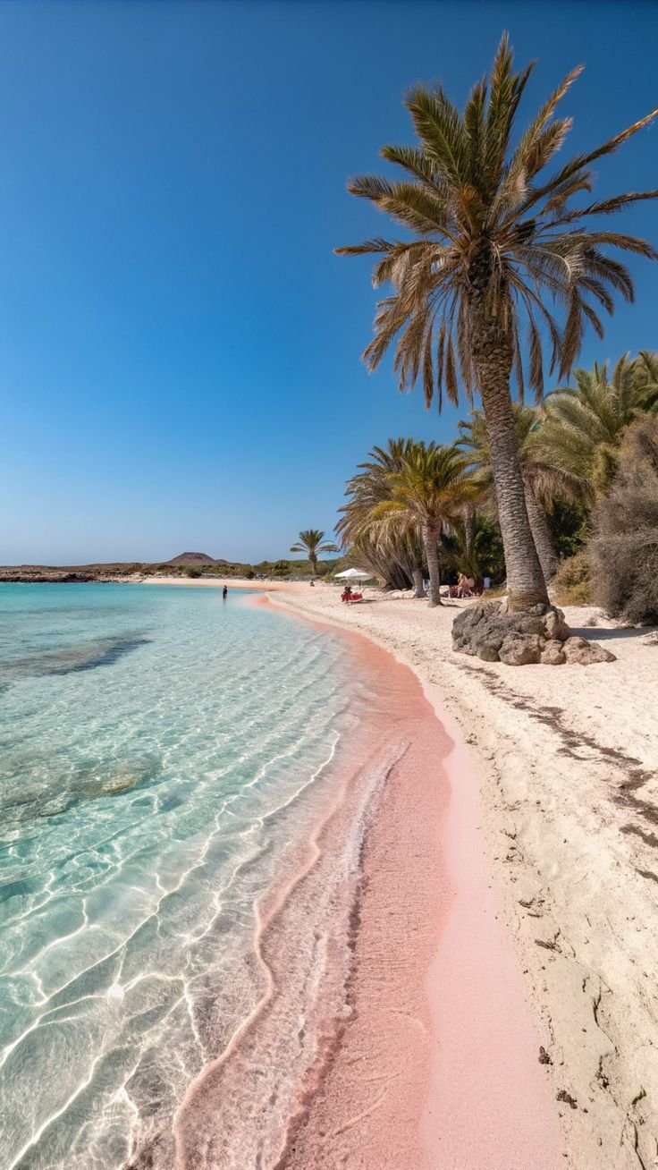 This may contain: palm trees on the beach with clear water and pink sand in the foreground,