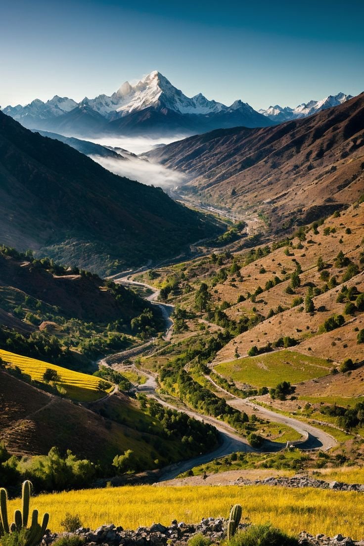 This contains: Experience the Elqui Valley at dawn: snow-capped mountains, vibrant cacti, and ancient paths create a serene scene. Discover this breathtaking 8K view and plan your visit. Explore more landscapes on our board!