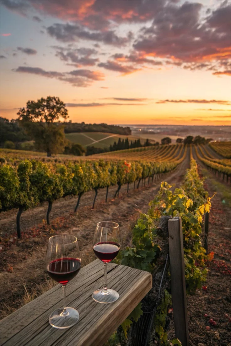 This may contain: two glasses of red wine sit on a wooden table in front of rows of vines