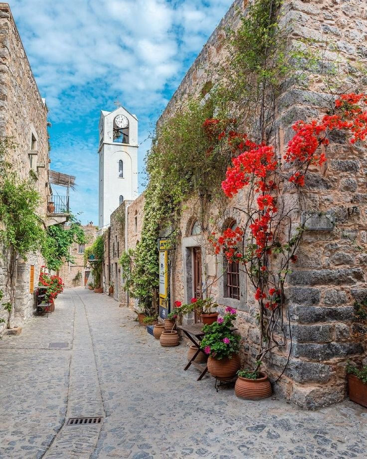This may contain: an alley way with potted plants and flowers on either side of the street, in front of a clock tower
