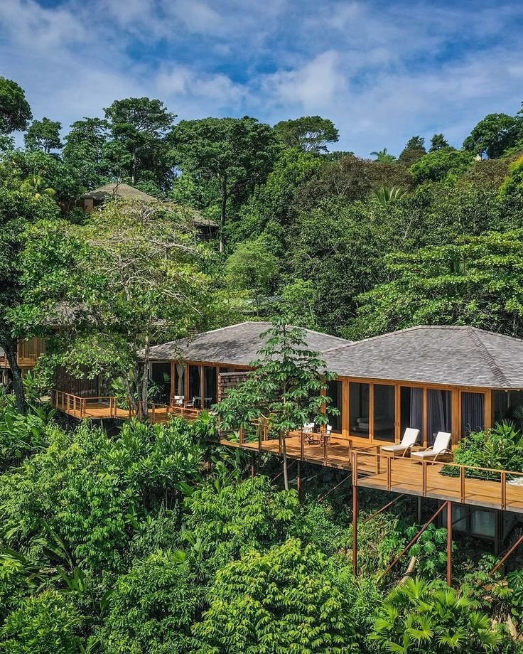This may contain: a house in the middle of some trees with chairs on it and two deckes