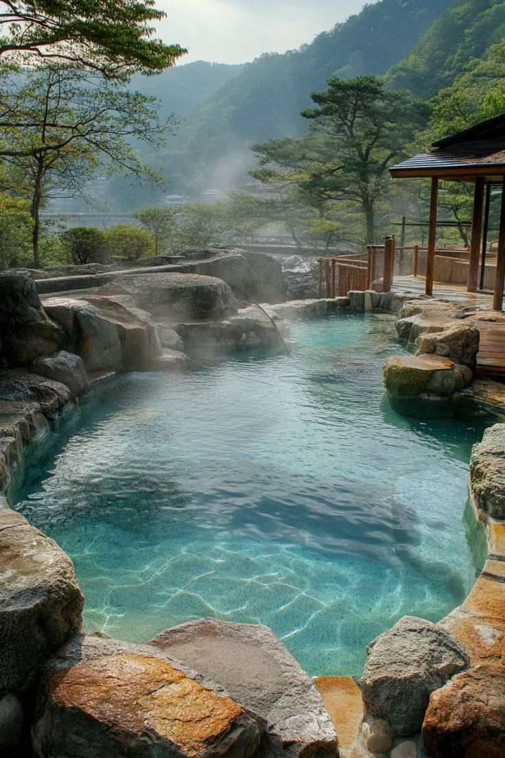 This may contain: an outdoor hot tub surrounded by large rocks