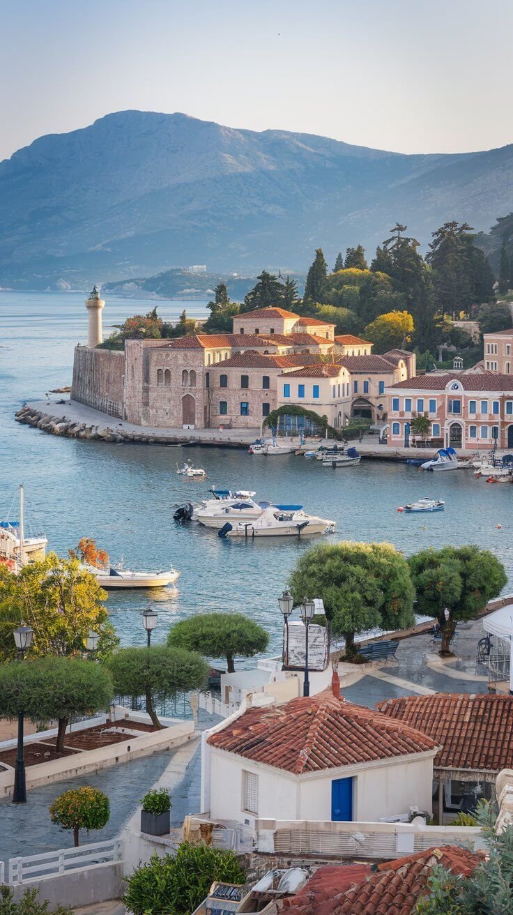 This may contain: an aerial view of a harbor with boats in the water and mountains in the background