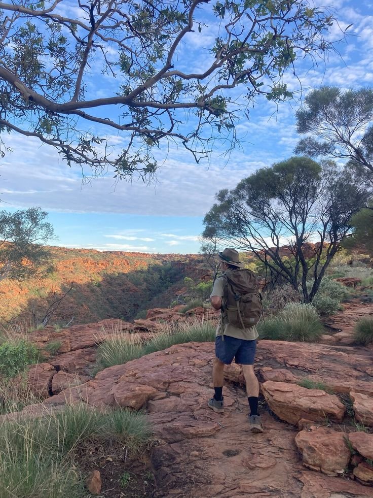 This may contain: a man with a backpack standing on top of a rocky hill next to a tree