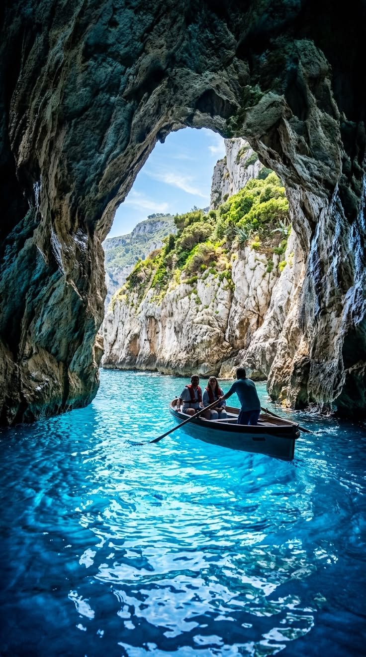 This may contain: two people in a small boat on the water near a large rock cave with blue water