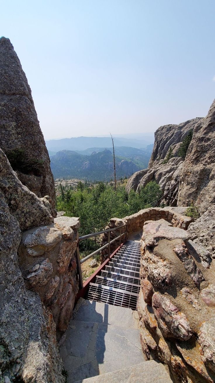 This may contain: stairs leading up to the top of a rock formation with mountains in the distance and trees on either side