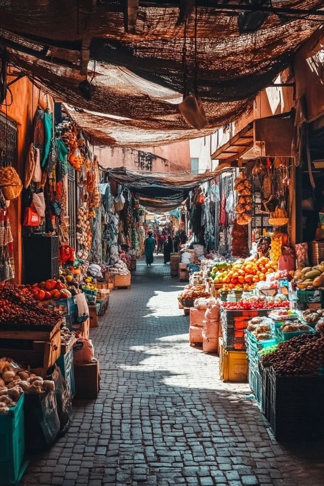 This may contain: an outdoor market with lots of fruits and vegetables