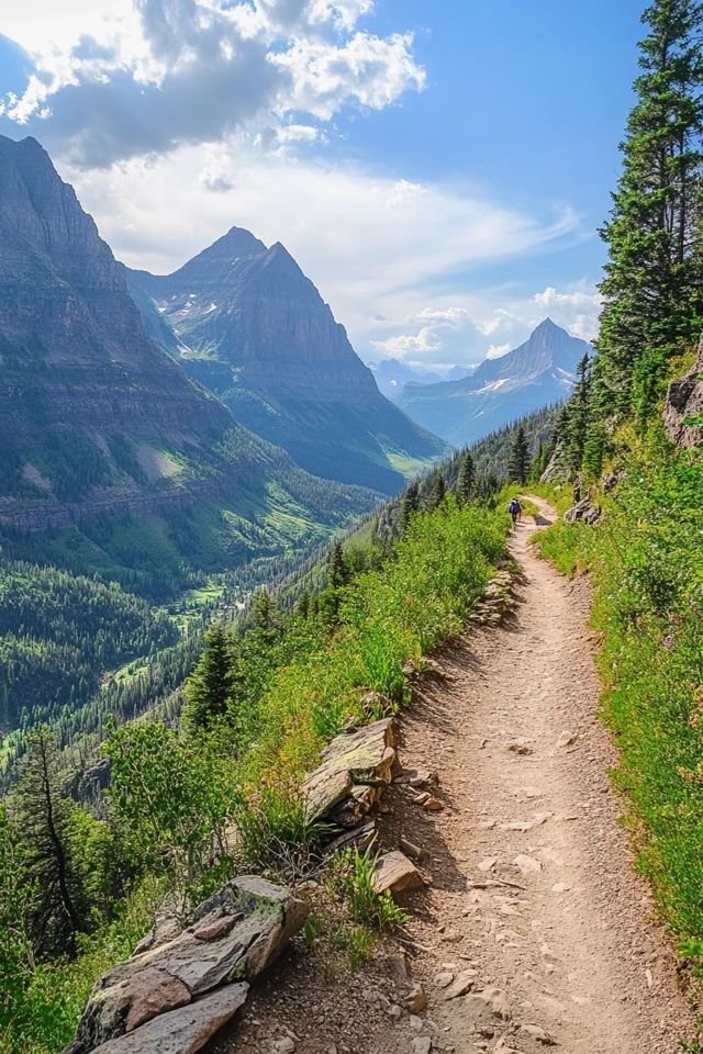 This may contain: a dirt path leading to the top of a mountain with trees and mountains in the background