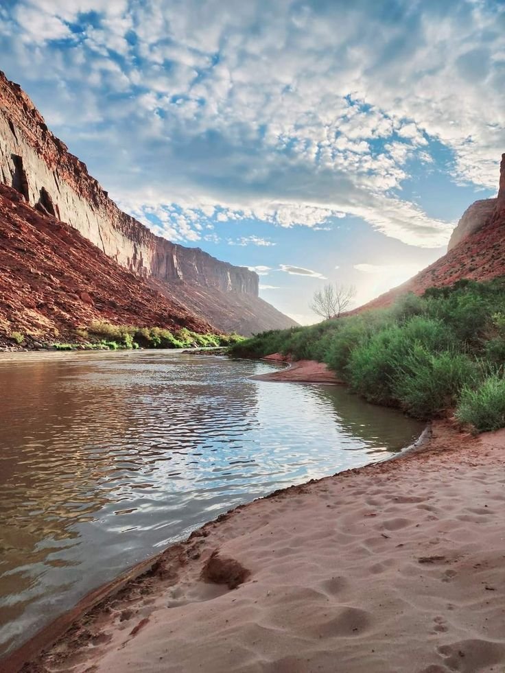 This may contain: there is a river in the desert with sand and grass on the bank next to it