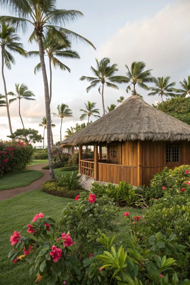 This may contain: a small hut in the middle of some flowers and trees with palm trees behind it